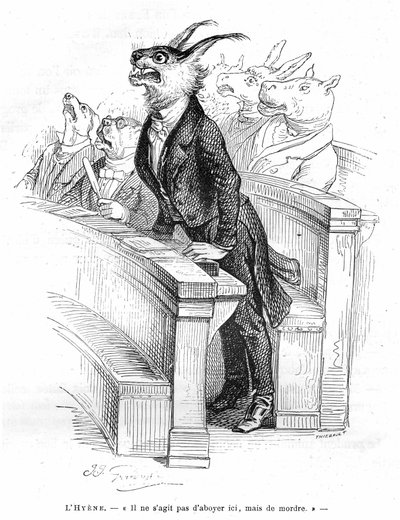 Grabado de Grandville, extraído del libro Vida privada y pública de los animales (Les animaux ints par les memes), edición Hetzel 1867 - Caricatura de una asamblea política humana - En los travees ocupados por varios animales (perros, burro, hipopótamo...) de Grandville (1803 47)