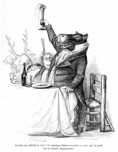 Grabado de Grandville, del libro Vida privada y pública de los animales (Les animaux ints par eux memes), edición Hetzel 1867 - Hipótamo mundano en la mesa de un banquete, levantando su copa y brindando. Leyenda: ¡Sexo que embellece la vida! de Grandville (1803 47)
