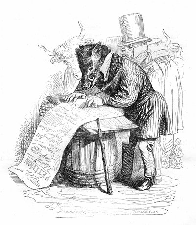 Grabado Grandville del libro "Vida privada y pública de los animales (Les animaux painted par eux memes)", edición Hetzel 1867 - Caricatura: jabalí escribiendo una petición. de Grandville (1803 47)