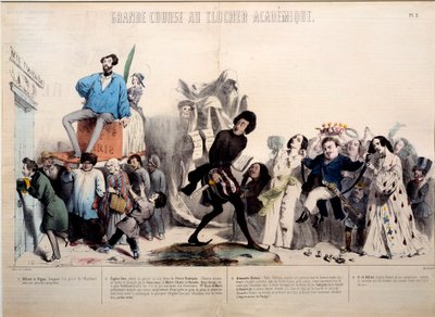 Gran carrera a la torre del campanario académico. Se reconocen los escritores Alfred de Vigny (1797-1863), Eugene Sue (1804-1857), Alexandre Dumas (1802-1870) y Honoré de Balzac (1799-1850). Grabado por Gerard Grandville (1803-1847) de Grandville