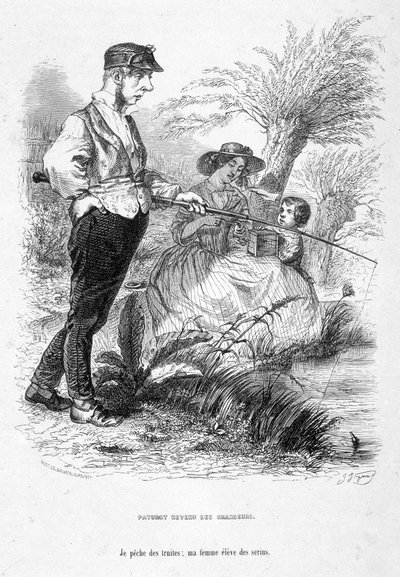 Jérôme Paturot renunciando a sus ideas de grandeza, pescando mientras su esposa cuida de su hijo. Caricatura en “Jérôme Paturot en busca de una posición social” de Louis Reybaud de Grandville
