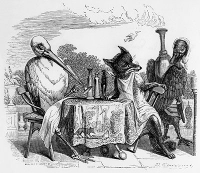 Fábula de La Fontaine (de Jean de La Fontaine) : la zorra y la cigüeña, grabado de J.J. Grandville, c. 1838-40 de Grandville (1803 47)