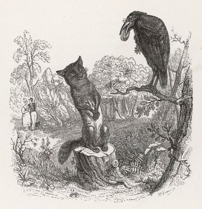 La fábula de La Fontaine: El cuervo y la zorra, c.1860 (grabado) de Grandville (1803 47)
