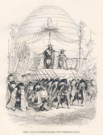 La reina de las abejas y su ejército. Viñetas ilustradas por JJ Granville. Grabado firmado Andrew, Best y Leloir en la parte titulada "Viaje de un gorrión de París" escrito por George Sand en "Escenas de la vida privada y pública de los animales". París, J de Grandville