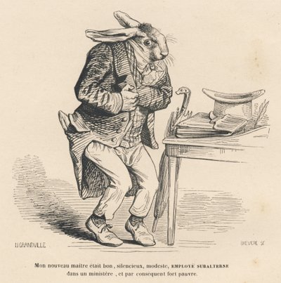 Conejo como empleado subalterno en un ministerio. Viñetas ilustradas por JJ Granville. Grabado firmado Breviere en la parte "Historia de una liebre" escrito por PJ Stahl en "Escenas de la vida privada y pública de los animales". París, J. Hetzel y Paulin de Grandville
