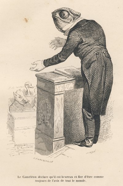 El camaleón declara que está feliz y orgulloso de estar siempre de acuerdo con todos. Viñetas ilustradas por JJ Granville. Grabado firmado por Caque en el prólogo titulado "Resumen parlamentario" escrito por PJ Stahl en "Escenas de la vida privada y públic de Grandville