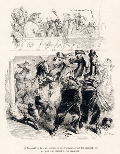 El carnaval de los caballos. Viñetas ilustradas por JJ Granville. Grabado firmado por Tamisier en la parte titulada "Voyage d