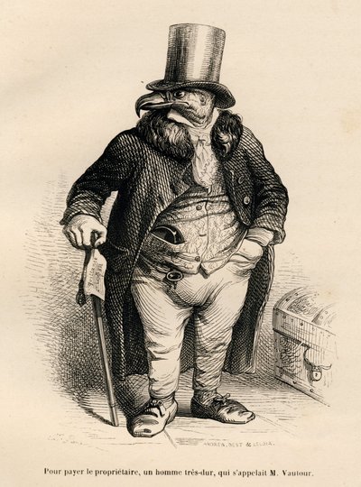 El buitre como propietario inmobiliario. Vignettes ilustradas por JJ Granville. Grabado firmado Andrew, Best y Leloir en la parte "Historia de una liebre" escrito por PJ Stahl en "Escenas de la vida privada y pública de los animales". París, J. Hetzel y Pa de Grandville