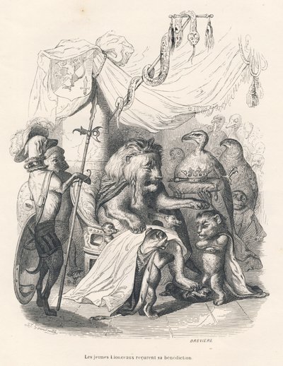 Los jóvenes leones reciben la bendición del rey león. Viñetas ilustradas por JJ Granville. Grabado firmado por Breviere en la parte titulada "Viaje de un león de África a París" escrito por Honoré de Balzac en "Escenas de la vida privada y pública de los a de Grandville