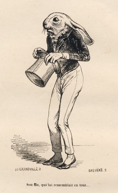 Liebre miedosa con traje de dandi. Viñetas ilustradas por JJ Granville. Grabado firmado Breviere en la parte "Historia de una liebre" escrito por PJ Stahl en "Escenas de la vida privada y pública de los animales". París, J. Hetzel y Paulin de Grandville