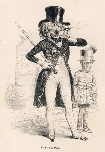 León de París. Viñetas ilustradas por JJ Granville. Grabado firmado Andrew, Best y Leloir en la parte titulada "Viaje de un león de África a París" escrito por Honoré de Balzac en "Escenas de la vida privada y pública de los animales". París, J. Hetzel y P de Grandville