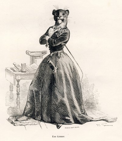 Leona con una pistola y un látigo. Viñetas ilustradas por JJ Granville. Grabado firmado por Andrew, Best y Leloir en la parte titulada "Viaje de un león de África a París" escrito por Honoré de Balzac en "Escenas de la vida privada y pública de los animale de Grandville