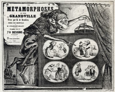 Literatura. La Metamorfosis Diaria, por el caricaturista Jean Jacques Grandville. Cartel, Francia de Grandville