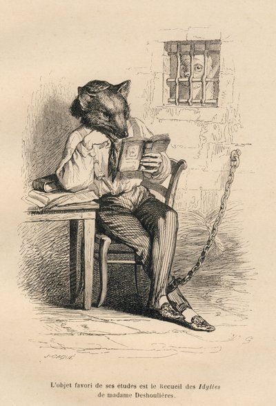Lobo leyendo en una prisión. Viñetas ilustradas por JJ Granville. Grabado firmado Caque en la parte titulada "Corte criminal de justicia animal" escrito por Emile de La Bédollière en "Escenas de la vida privada y pública de los animales". París, J. Hetzel de Grandville