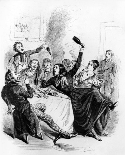 Almuerzo de niños de los 2 sexos : hombres y mujeres bebiendo alcohol y fumando, dibujo de Jean Ignace Isidore alias JJ Grandville de Grandville (1803 47)
