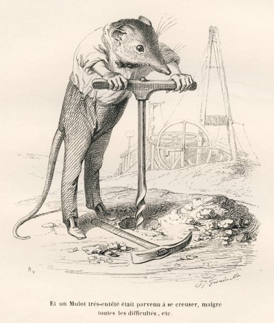 Ratón perforando el suelo. Viñetas ilustradas por JJ Granville. Grabado firmado por Breviere en la parte titulada "Recuerdos de una vieja corneja" escrito por PJ Stahl en "Escenas de la vida privada y pública de los animales". París, J. Hetzel y Paulin de Grandville