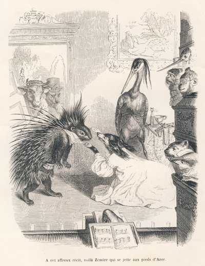 Ópera con un puercoespín, un perro y una garza en escena. Viñetas ilustradas por JJ Granville. Grabado firmado Godard en la parte titulada "El primer folletín de Pistolet" escrito por Jules Janin en "Escenas de la vida privada y pública de los animales" de Grandville