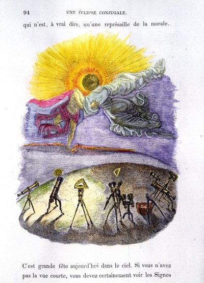 Instrumentos astronómicos personificados observando un eclipse (la luna y el sol besándose) - en "Otro Mundo" por Grandville de Grandville