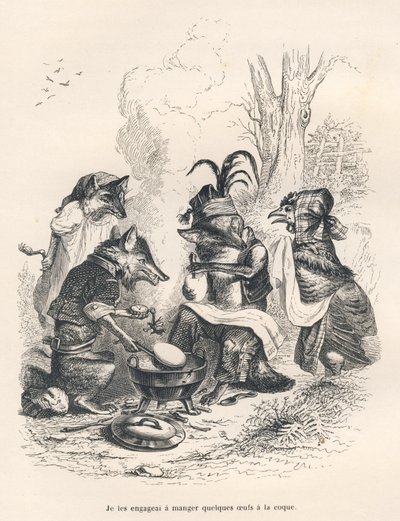 Zorros comiendo huevos a la coq frente a una gallina llorando. Viñetas ilustradas por JJ Granville. Grabado firmado por Godard en la parte titulada "Un zorro atrapado" escrito por Charles Nodier en "Escenas de la vida privada y pública de los animales". Pa de Grandville