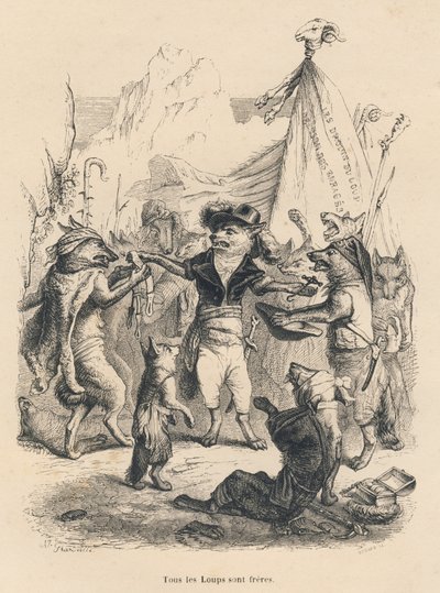 Revolución de los lobos y libertad y derecho del lobo. Viñetas ilustradas por JJ Granville. Grabado firmado por Godard en la parte titulada "Viaje de un gorrión de París" escrito por George Sand en "Escenas de la vida privada y pública de los animales". Pa de Grandville