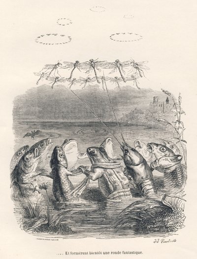 Ronda de animales acuáticos y libélulas. Viñetas ilustradas por JJ Granville. Grabado firmado Andrew, Best y Leloir en la parte titulada "Recuerdos de una vieja corneja" escrito por PJ Stahl en "Escenas de la vida privada y pública de los animales". París, de Grandville
