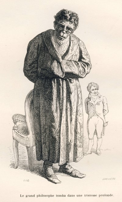 Mono filósofo. Viñetas ilustradas por JJ Granville. Grabado firmado Breviere en la parte titulada "Guía-burro para el uso de los animales que quieren alcanzar honores" escrito por Honoré De Balzac en "Escenas de la vida privada y pública de los animales" de Grandville