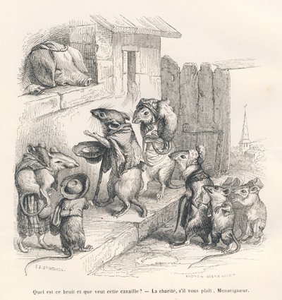 Ratón haciendo caridad a un cerdo. Viñetas ilustradas por JJ Granville. Grabado firmado por Andrew, Best y Leloir en la parte titulada "El ratón filósofo" escrito por Edouard Lemoine en "Escenas de la vida privada y pública de los animales". París, J. Hetz de Grandville
