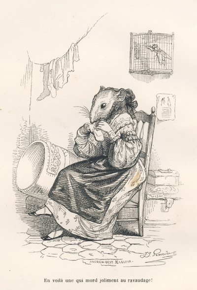 Souris racommodant une chaussette de Grandville