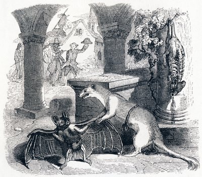 El murciélago y las dos comadrejas - Fábulas de La Fontaine de Grandville