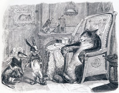 El gato, la comadreja y el pequeño conejo - Fábulas de La Fontaine de Grandville