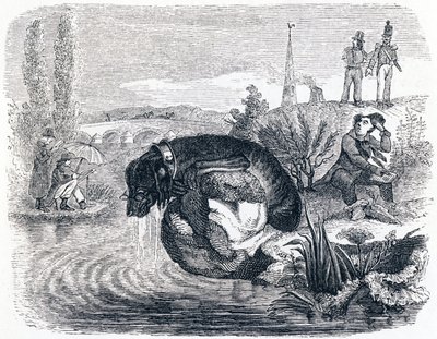 El perro que abandona su presa por la sombra - Fábulas de La Fontaine de Grandville