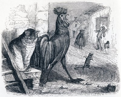 El gallo, el gato y el ratón - Fábulas de La Fontaine de Grandville
