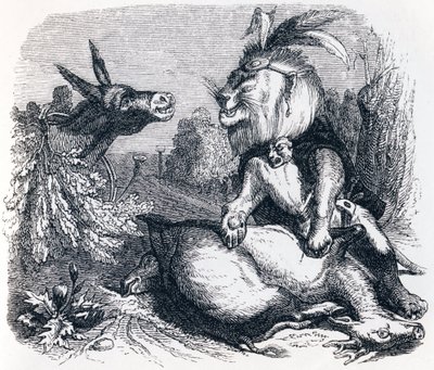 El león y el burro cazando - Fábulas de La Fontaine de Grandville