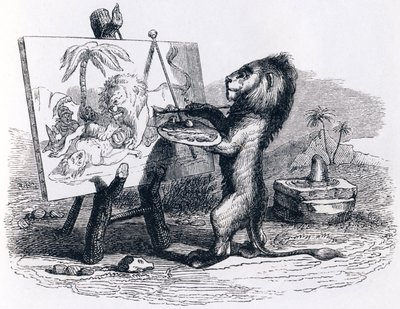 El león abatido por el hombre (Fábulas de La Fontaine) de Grandville