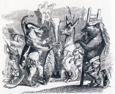 El león yendo a la guerra - Fábulas de La Fontaine de Grandville