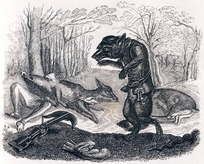 El lobo y el cazador - Fábulas de La Fontaine de Grandville