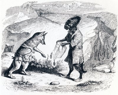 El león enfermo y el zorro - Fábulas de La Fontaine de Grandville