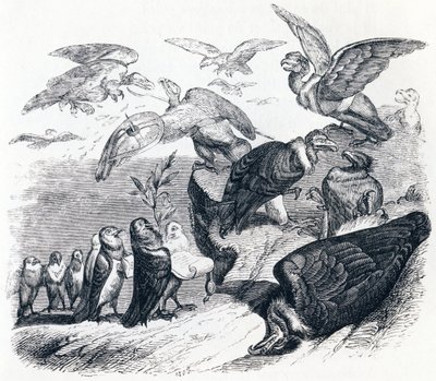Los buitres y las palomas - Fábulas de La Fontaine de Grandville