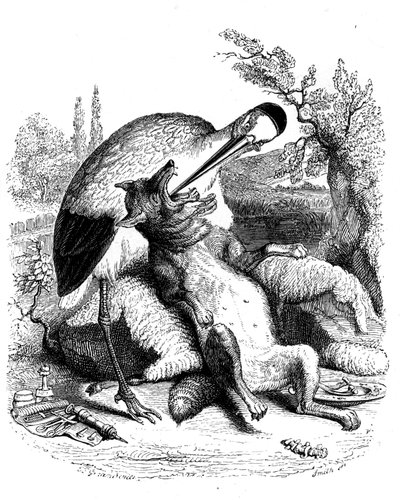 El lobo y la cigüeña: Fábula de La Fontaine ilustrada por Grandville. Edición Garnier 1860. La cigüeña es representada como un médico (¡recompensa equivocada para su desenlace!) de Grandville (1803 47)