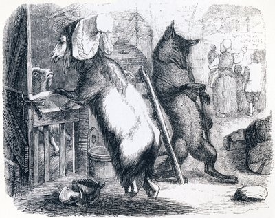El lobo, la cabra y el cabrito - Fábulas de La Fontaine de Grandville