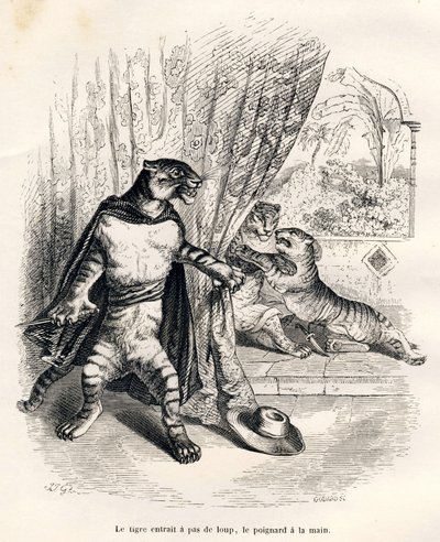 Tigre entrando en escena con el puñal en la mano. Viñetas ilustradas por JJ Granville. Grabado firmado por Godard en la parte titulada "Le premier feuilleton de Pistolet" escrito por Jules Janin en "Scènes de la vie privée et publique des animaux". París,  de Grandville