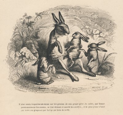 Tres niños conejos escuchando a su abuelo herido contar historias. Viñetas ilustradas por JJ Granville. Grabado firmado por Breviere en la parte "Historia de una liebre" escrito por PJ Stahl en "Escenas de la vida privada y pública de los animales". París de Grandville
