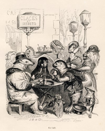 Un café frecuentado por animales de todos los géneros. Viñetas ilustradas por JJ Granville. Grabado firmado por Godard en la parte titulada "Viaje de un león de África a París" escrito por Honoré de Balzac en "Escenas de la vida privada y pública de los an de Grandville