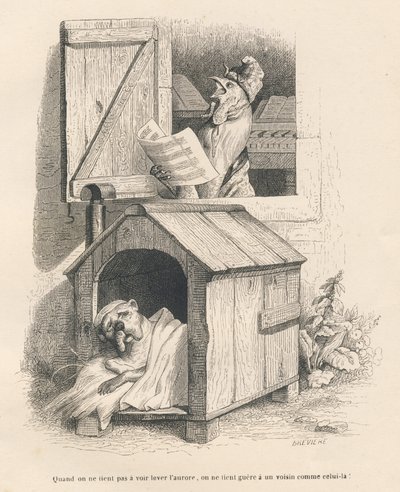 Un perro perezoso en su nicho despertado por un gallo que canta al amanecer. Vignettes ilustradas por JJ Granville. Grabado firmado Breviere en la parte "Historia de una liebre" escrito por PJ Stahl en "Escenas de la vida privada y pública de los animales" de Grandville