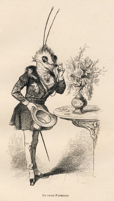 Un viejo mariposa mirando la hora con sus gafas. Viñetas ilustradas por JJ Granville. Grabado firmado por Breviere en la parte titulada "Las aventuras de una mariposa" escrito por PJ Stahl en "Escenas de la vida privada y pública de los animales". París, J de Grandville