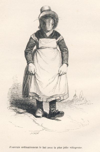 Campesina yendo al baile. Viñetas ilustradas por JJ Granville. Grabado firmado por Caque en la parte titulada "El oso o Carta escrita desde la montaña" escrito por L. Baude en "Escenas de la vida privada y pública de los animales". París, J. Hetzel y Pauli de Grandville
