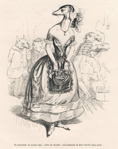 ... fuera del teatro, esos animales son aún más feos. Viñetas ilustradas por JJ Granville. Grabado firmado Godard en la parte titulada "El primer folletín de Pistolet" escrito por Jules Janin en "Escenas de la vida privada y pública de los animales" de Grandville