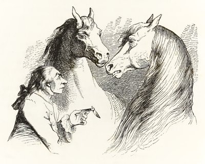 Gulliver conversa con caballos parlantes en la Tierra de los Houyhnhnms, de Los viajes de Gulliver de Jonathan Swift de Grandville