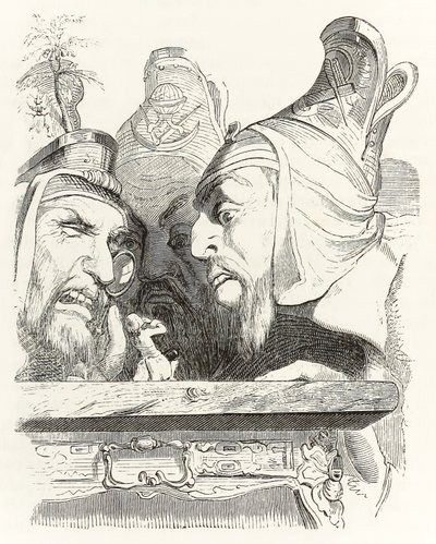Gulliver es inspeccionado por los residentes de Brobdingnag, de Los viajes de Gulliver de Jonathan Swift de Grandville