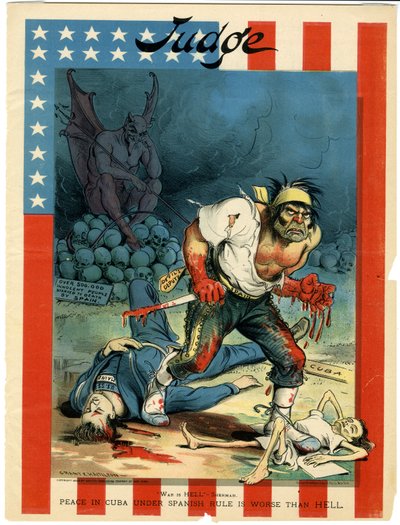 La guerra es el infierno - Sherman, la paz en Cuba bajo el dominio español es peor que el infierno, ilustración de Judge, 30 de abril de 1898 de Grant E. Hamilton